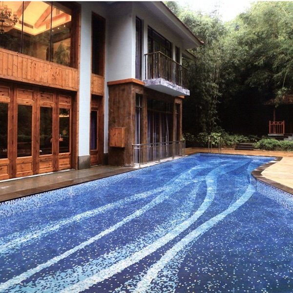 Custom Pools MEC | Abstract wavy glass tile pattern for swimming pool.