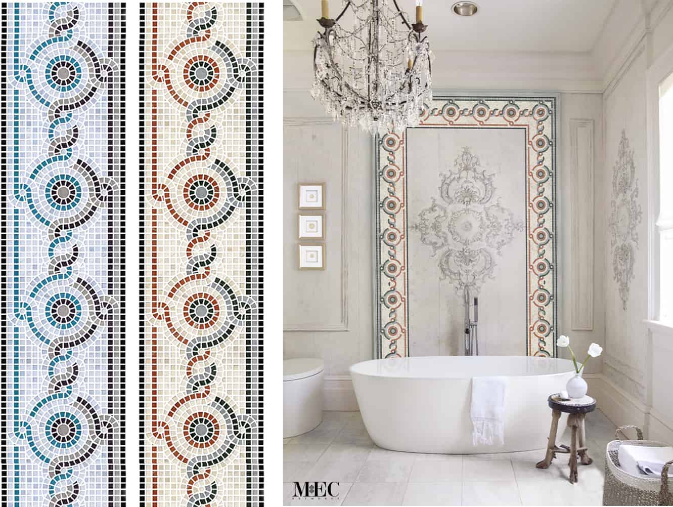 A collage of photo showing cuctom marble mosaic backsplashes order bath tub installation and a detailed close up of the design