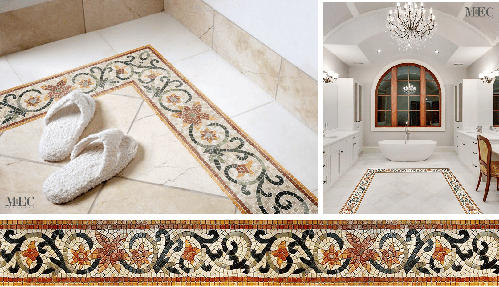 A collage of photos showing a mosaic border floor installations and a detailed close up of the design