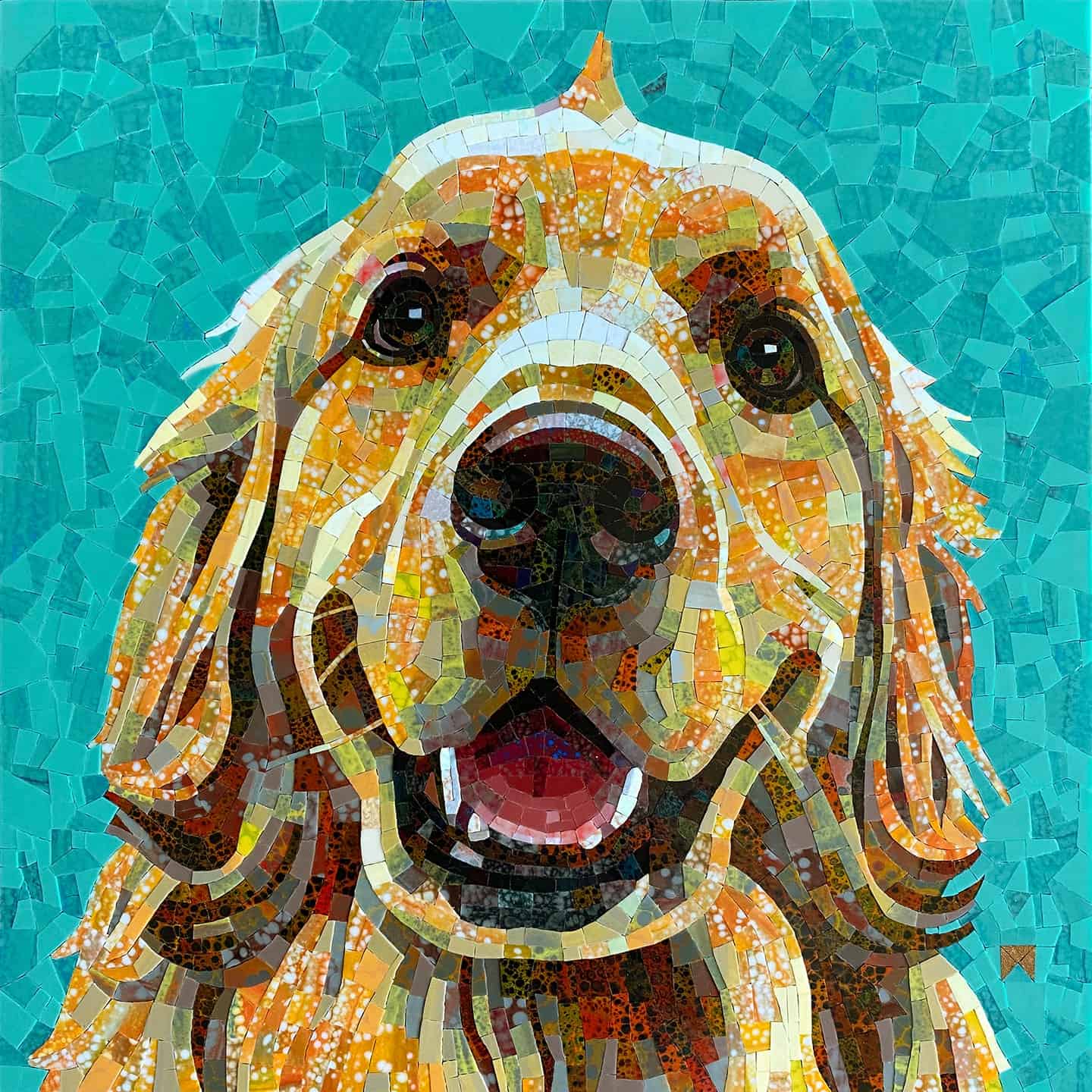 The most famous glass mosaic pet portrait artist, Donna Van Hooser, did this artwork. 