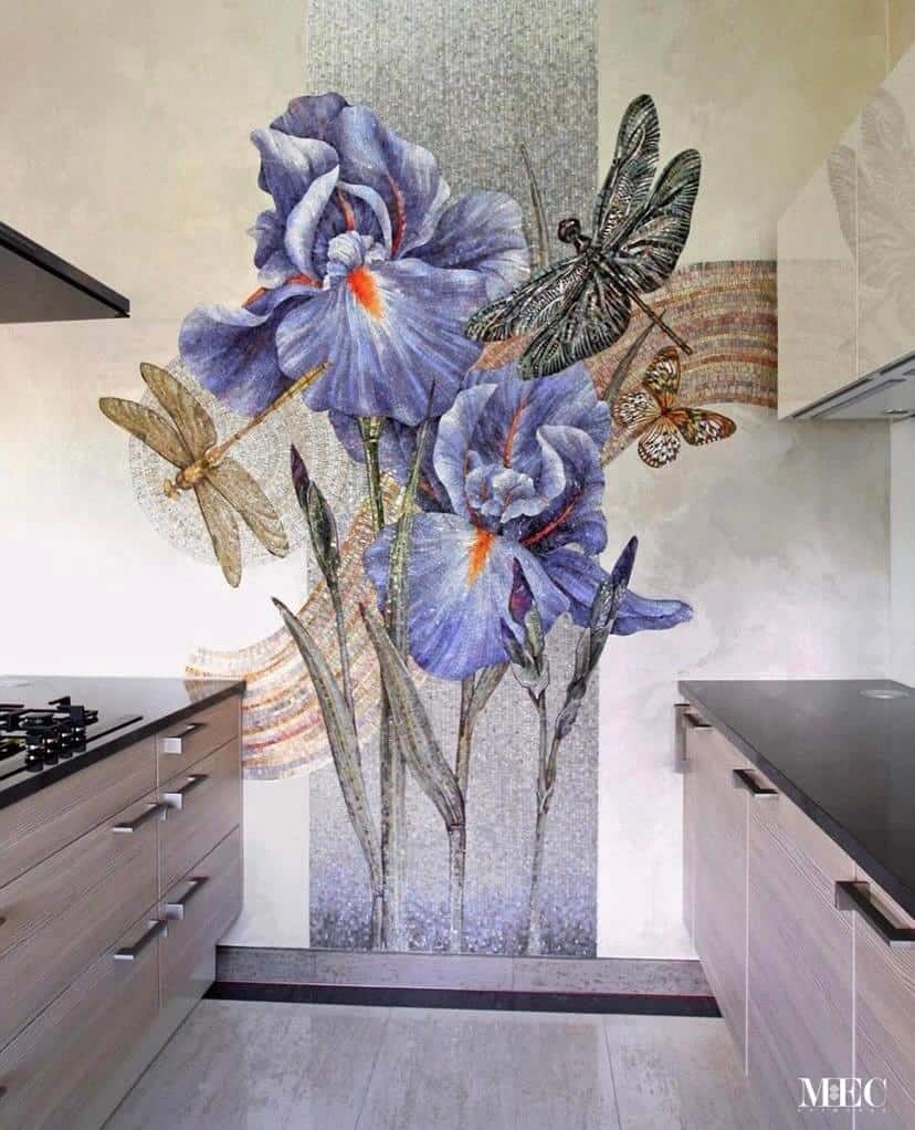 floral iris dragonfly butterfly kitchen wall backsplash mosaic (1)