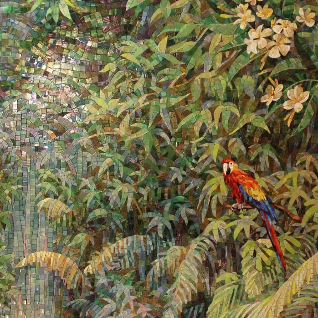 Macaw Kingdom | Tropical forest and exotic bird custom wall mosaic art handcrafted with glass tiles.