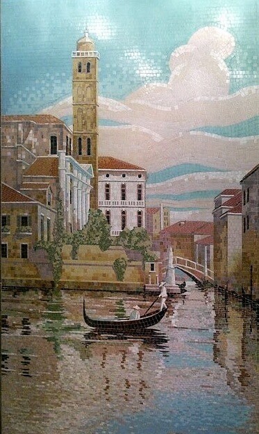 glass mosaic art featuring images of gondola, venice cancal and italian architecture