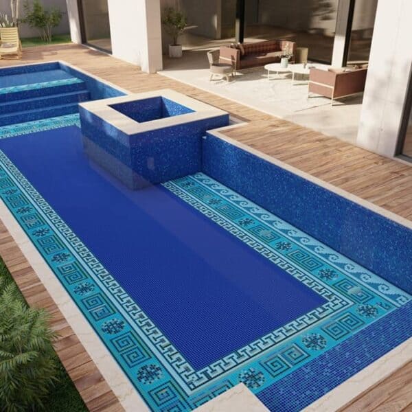 Greek key meander mosaic tile design with borders at the floor of glass swimming pool