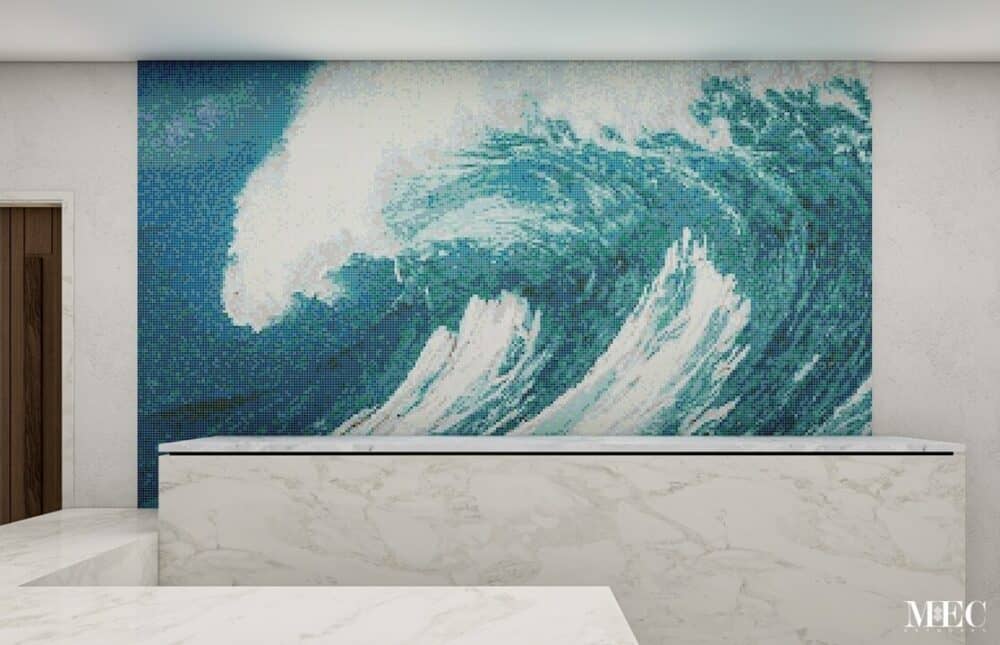 giant tides teal PIXL mosaic vertex glass tile wall art reception front desk render