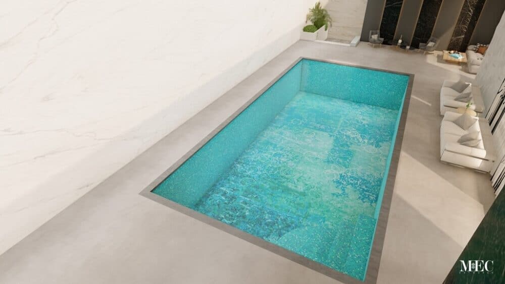 digital aquamarine small semi covered pool 3D render customized