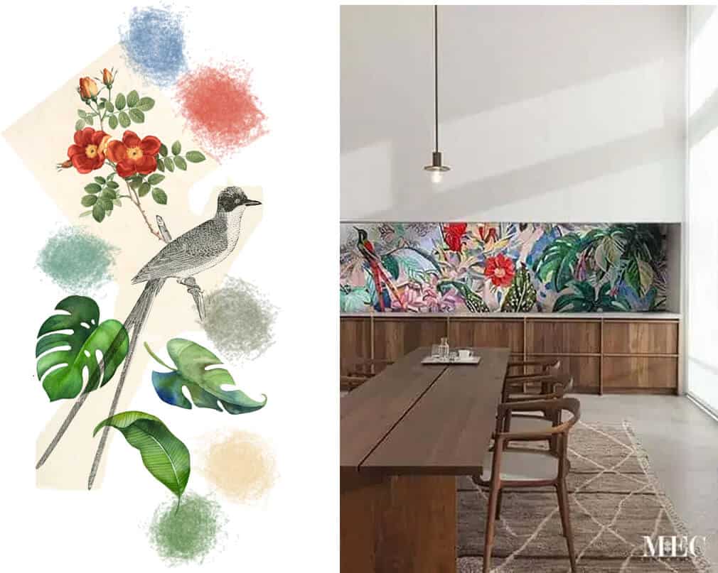 a collage image with Viidaako custom handcrafted glass mosaic backsplash on the left and inspiration art with birds and tropical leaves on the right