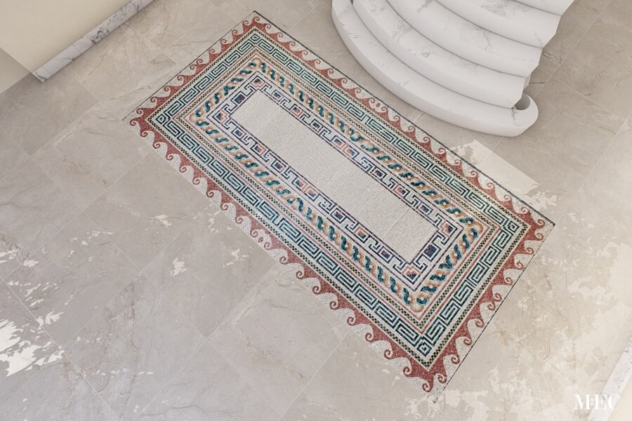 Roman mosaic rug Greek key border handcut floor tile Greco-Roman borders