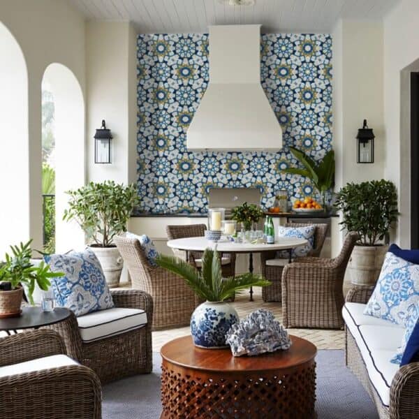 Moroccan zellige mosaic kitchen backsplash blue arabesque geometric pattern