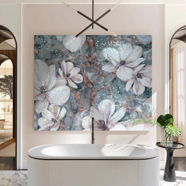 stunning floral washroom backsplash