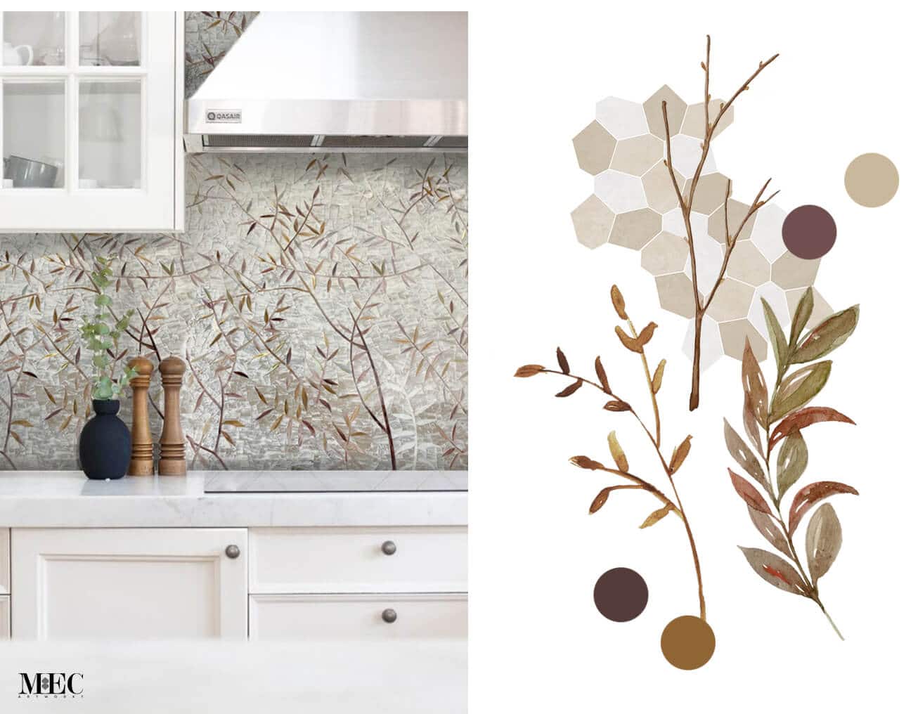 a mosaic tile kitchen backsplash design with delicate tree branches and leaves featuring a brown and white palette