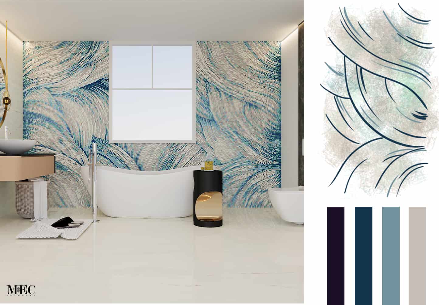 A collage of two images of a shower wall with blue and white mosaics. The left image shows a white bathtub with a curved faucet and shower head, and the right image shows the color palette and design of the mosaics.
