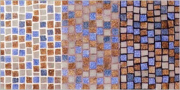 the same glass mosaic color blend shown with three different grout colors