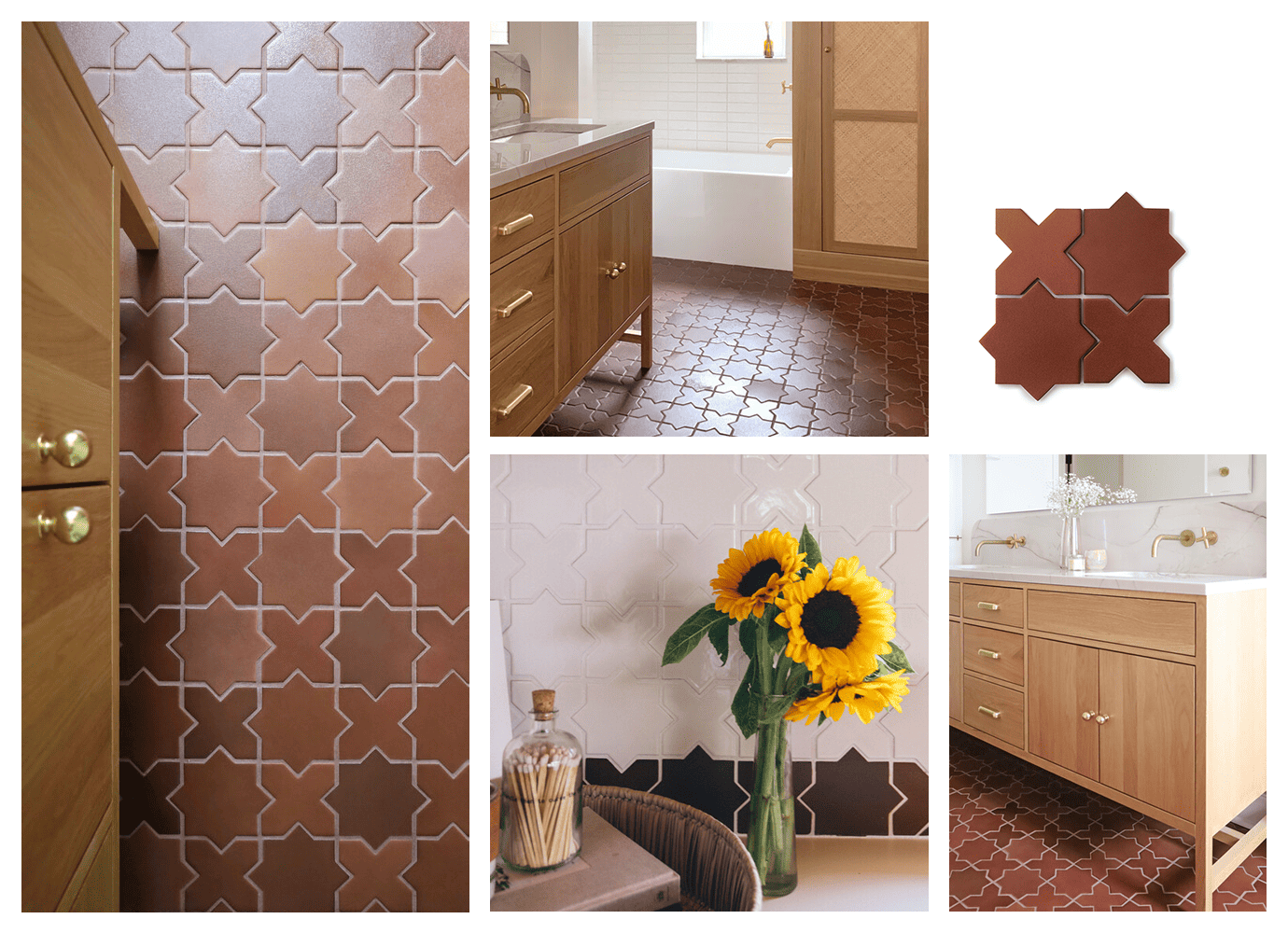 A collage of photos showing mosaic floors with stunning patterns and colors, complementing the surroundings