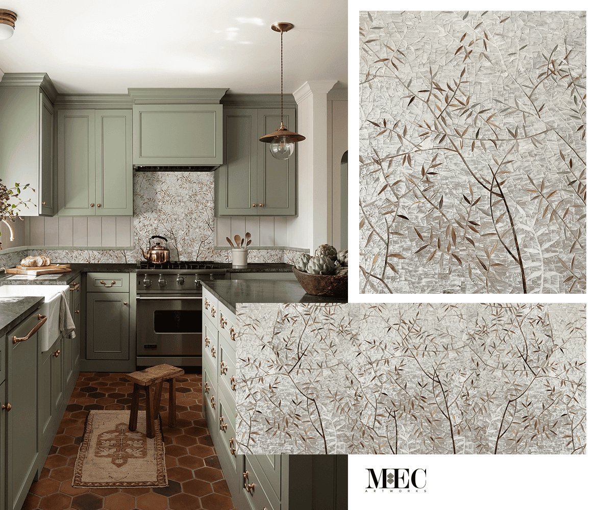 subtle branches and tree handcrafted glass mosaic kitchen backsplash mosaic
