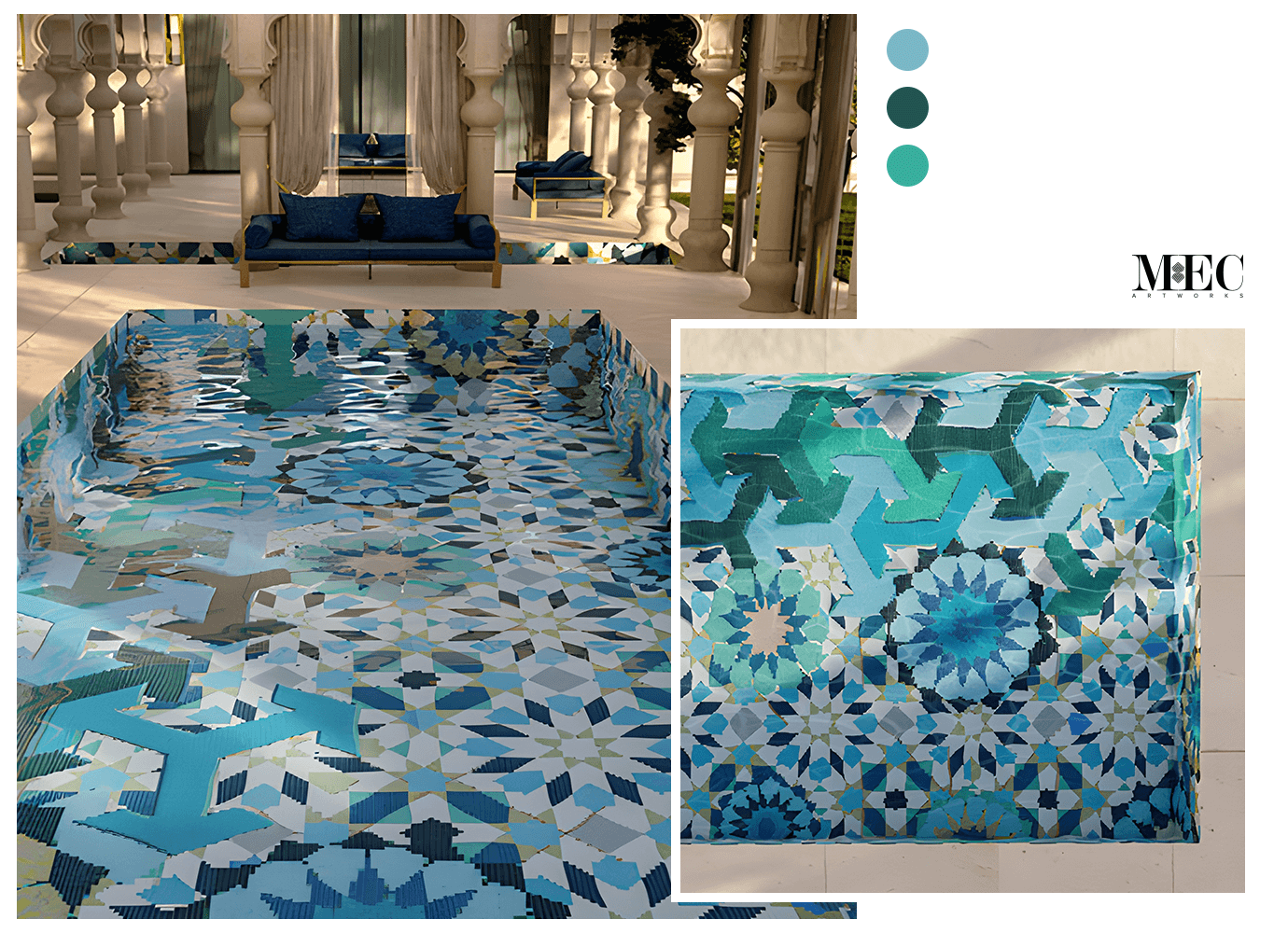 an abstract Vertex glass pool mosaic based on Moroccan Zellige tile patterns.