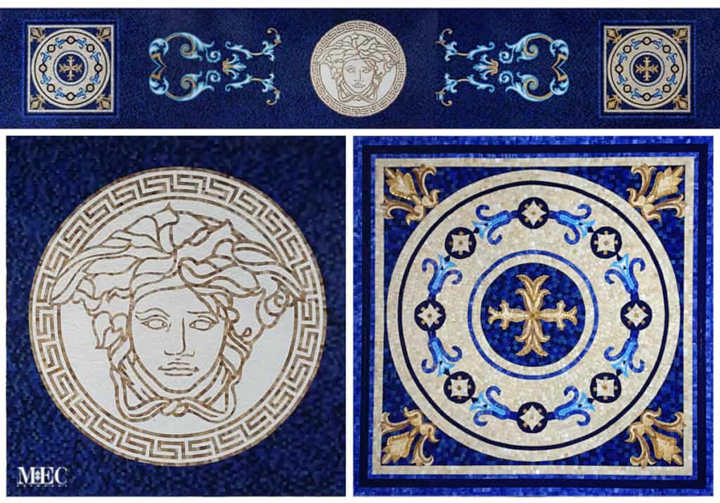 blue and green designs of versace in the mansions pools