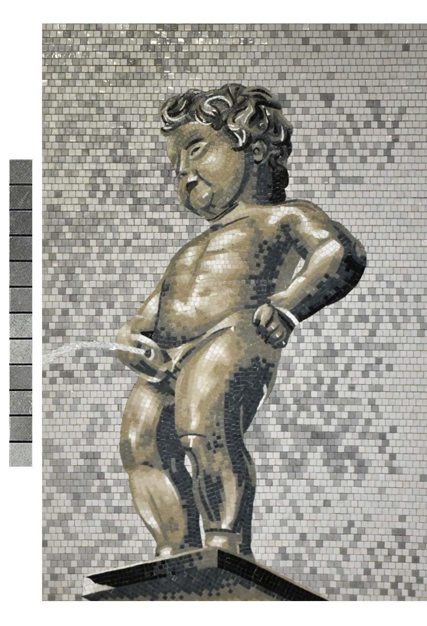 An ethnic mosaic artwork depicting the famous Manneken Pis statue, a landmark sculpture of a boy urinating