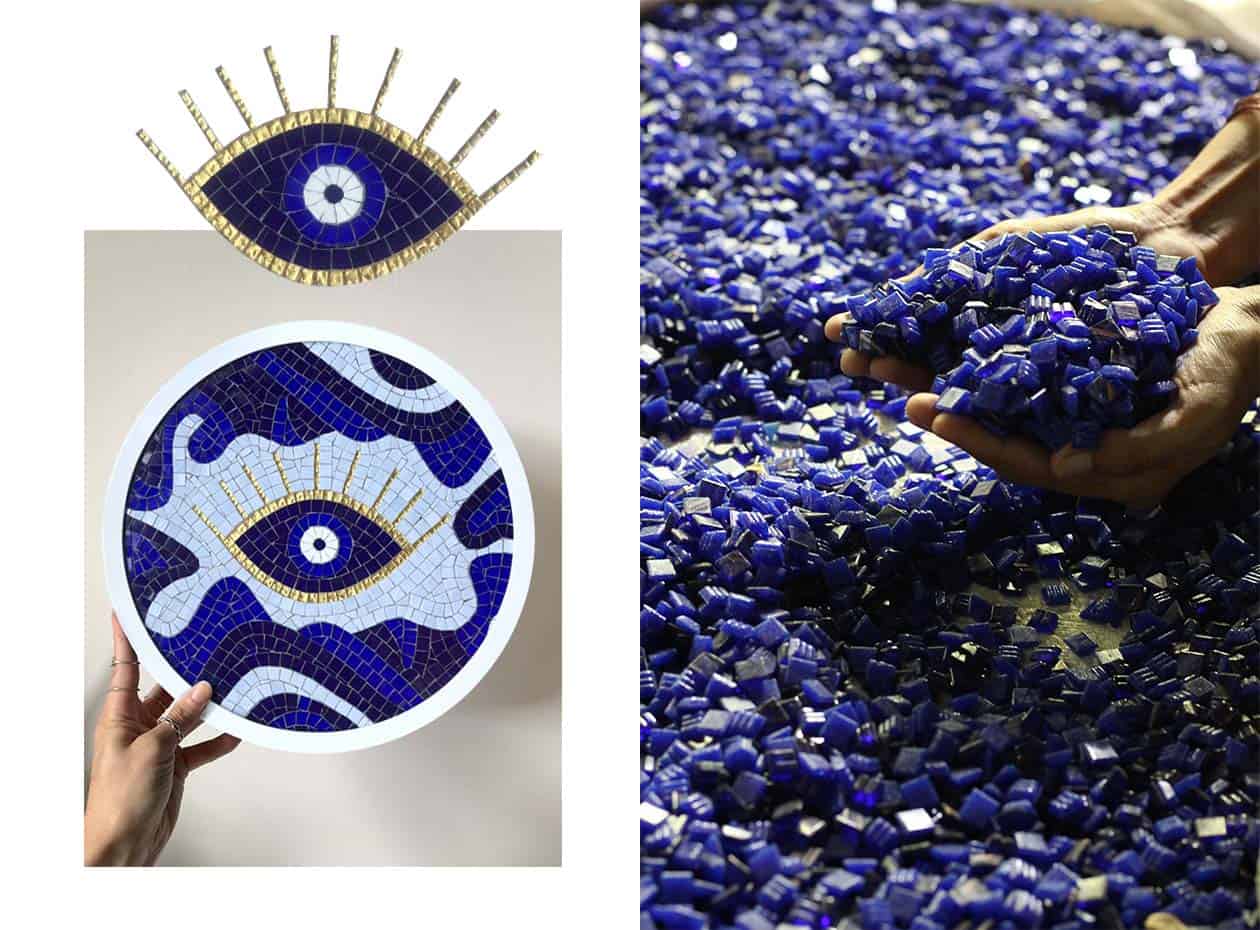 ethnic mosaic art of the evil eye symbol made with light and dark blue mosaic tiles