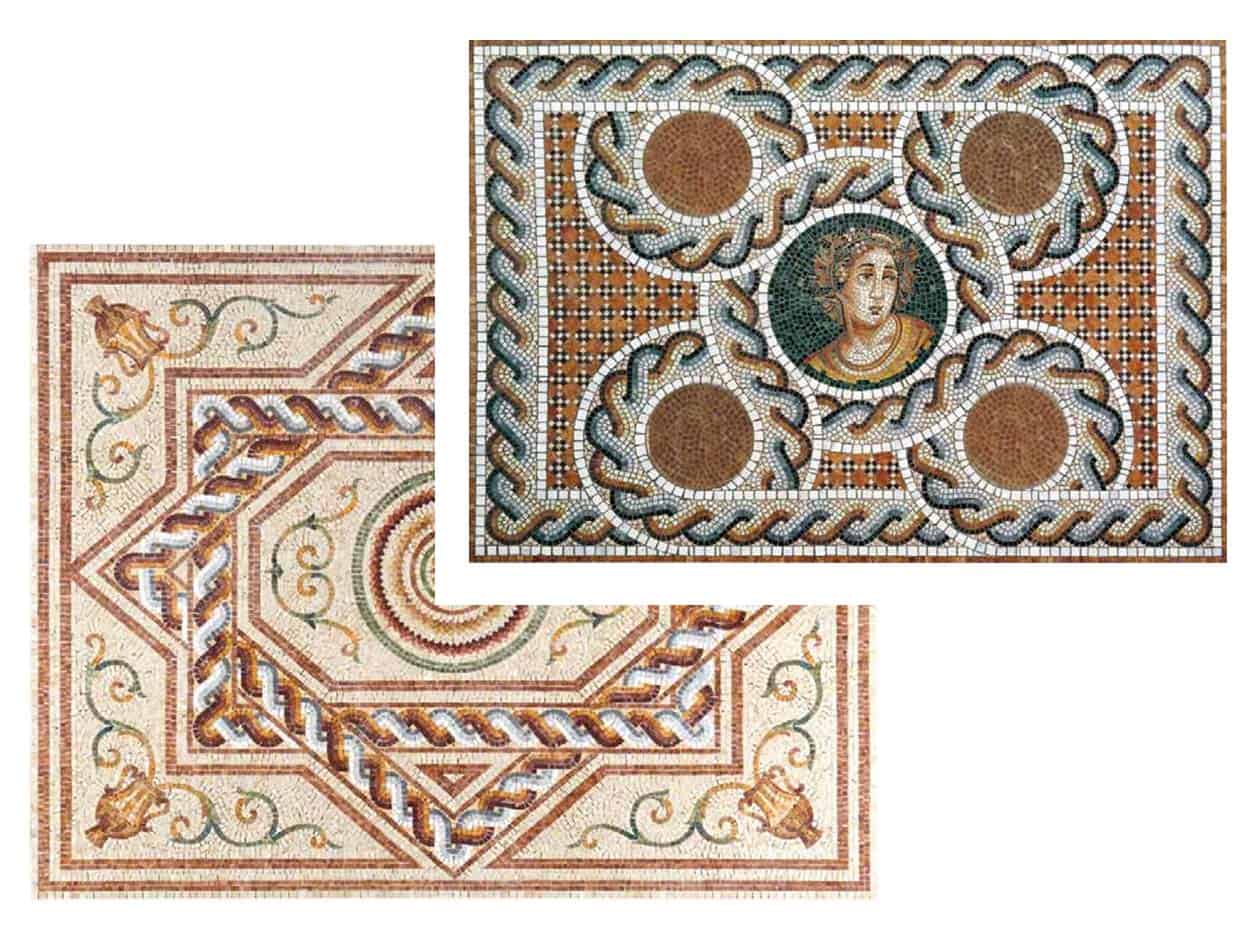 Two rectangular Roman mosaics. The left mosaic features an intricate geometric pattern with spirals and floral motifs. The right mosaic showcases a central portrait of a figure, surrounded by geometric designs and four circles. Both display fine craftsmanship.