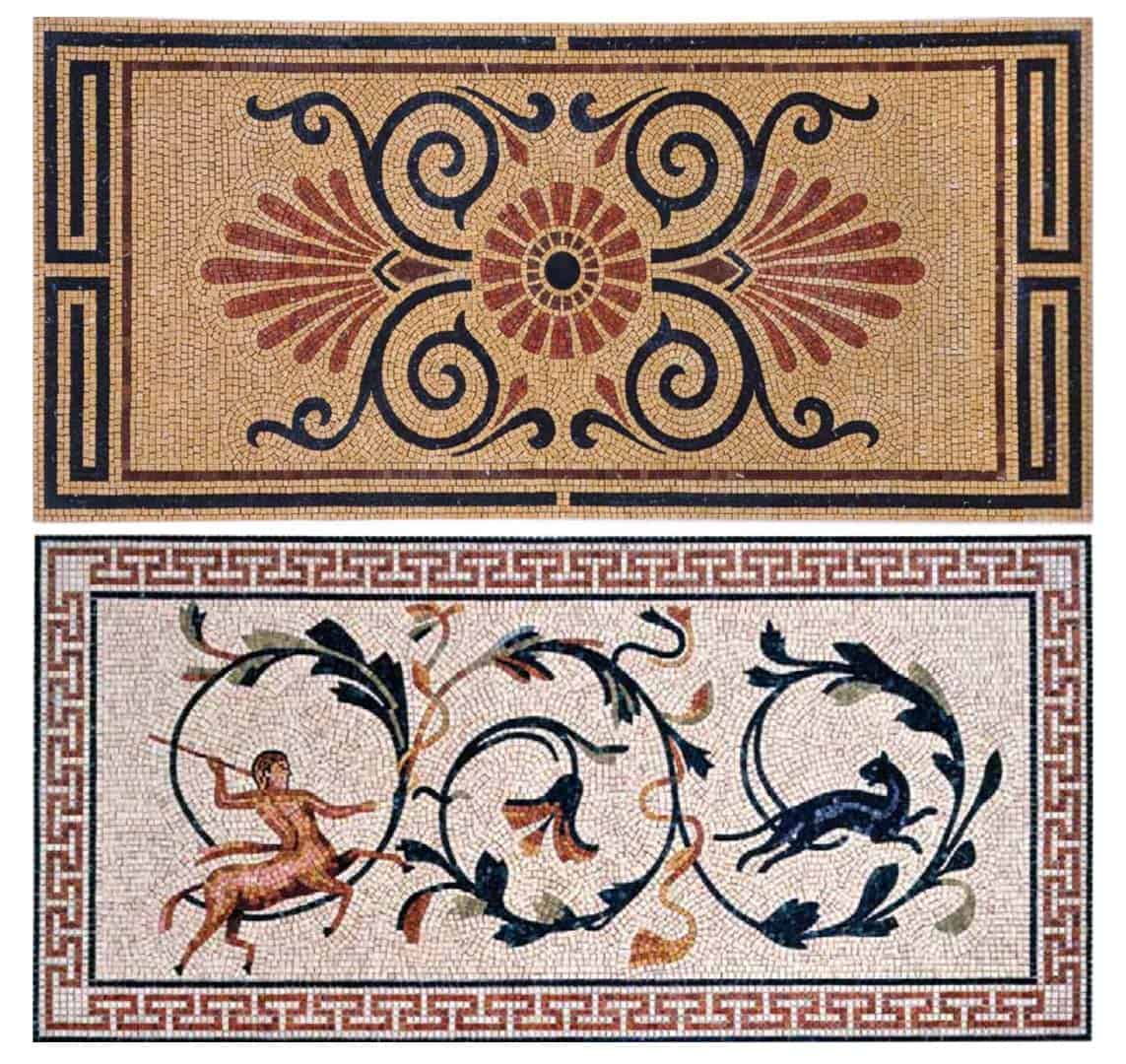 Ethnic mosaic has a symmetrical floral and geometric pattern in earth tones. The bottom mosaic shows a mythological scene with a figure shooting an arrow at a deer, surrounded by elaborate floral and vine designs