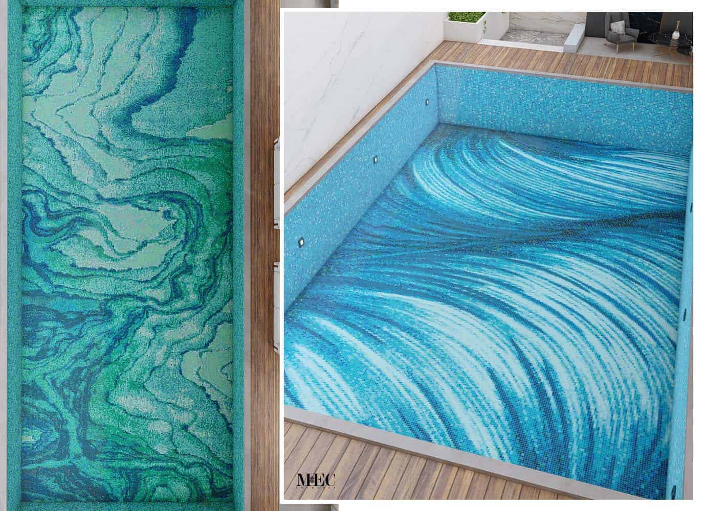 swirling blue and white design, mimicking flowing water. Both pools are surrounded by wooden decking, offering a long-lasting investment in pool mosaic art.