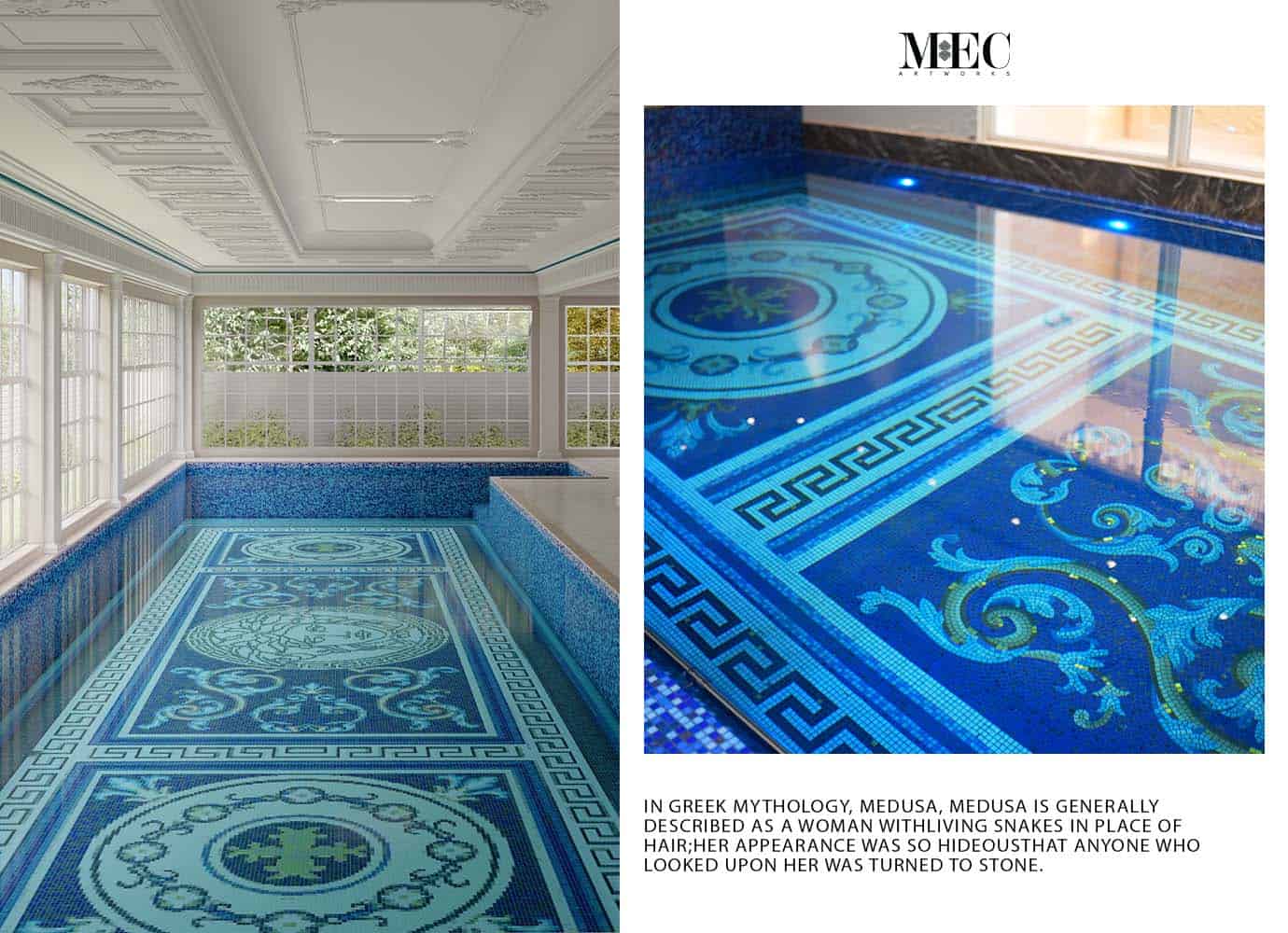 An indoor pool featuring intricate mosaic designs inspired by Greek mythology, specifically Medusa. The left side displays the full pool with large windows and detailed ceiling. The right side focuses on the mosaic detailing with accompanying text about Medusa’s myth.