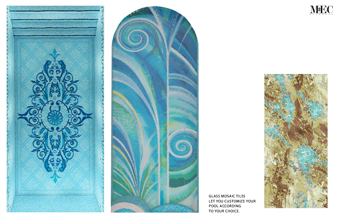 hree different designs of glass mosaic tiles by MEC. Left: A rectangular blue and white intricate pattern. Center: A vertical arch featuring a swirling blue and green design. Right: An abstract green, brown, and blue pattern exuding timeless beauty.