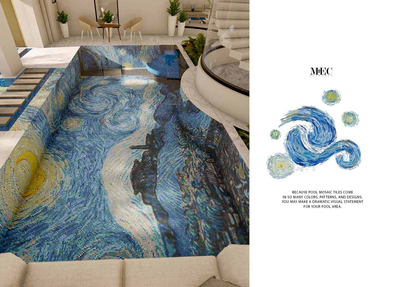 blue and yellow waves pool mosaic art