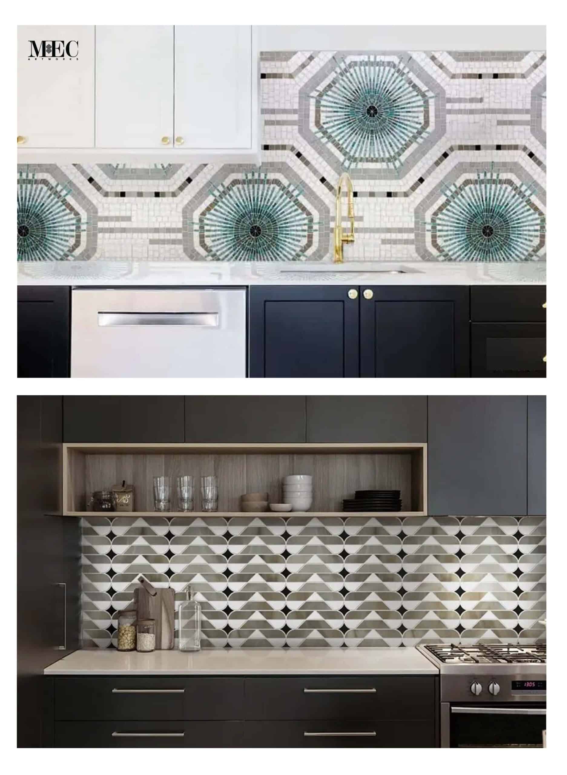 Two kitchen backsplash designs seen in modern kitchens. The top image features a geometric mosaic backsplash with an intricate pattern in shades of gray and turquoise. The bottom image shows a geometric triangle tiled backsplash in shades of gray and white.