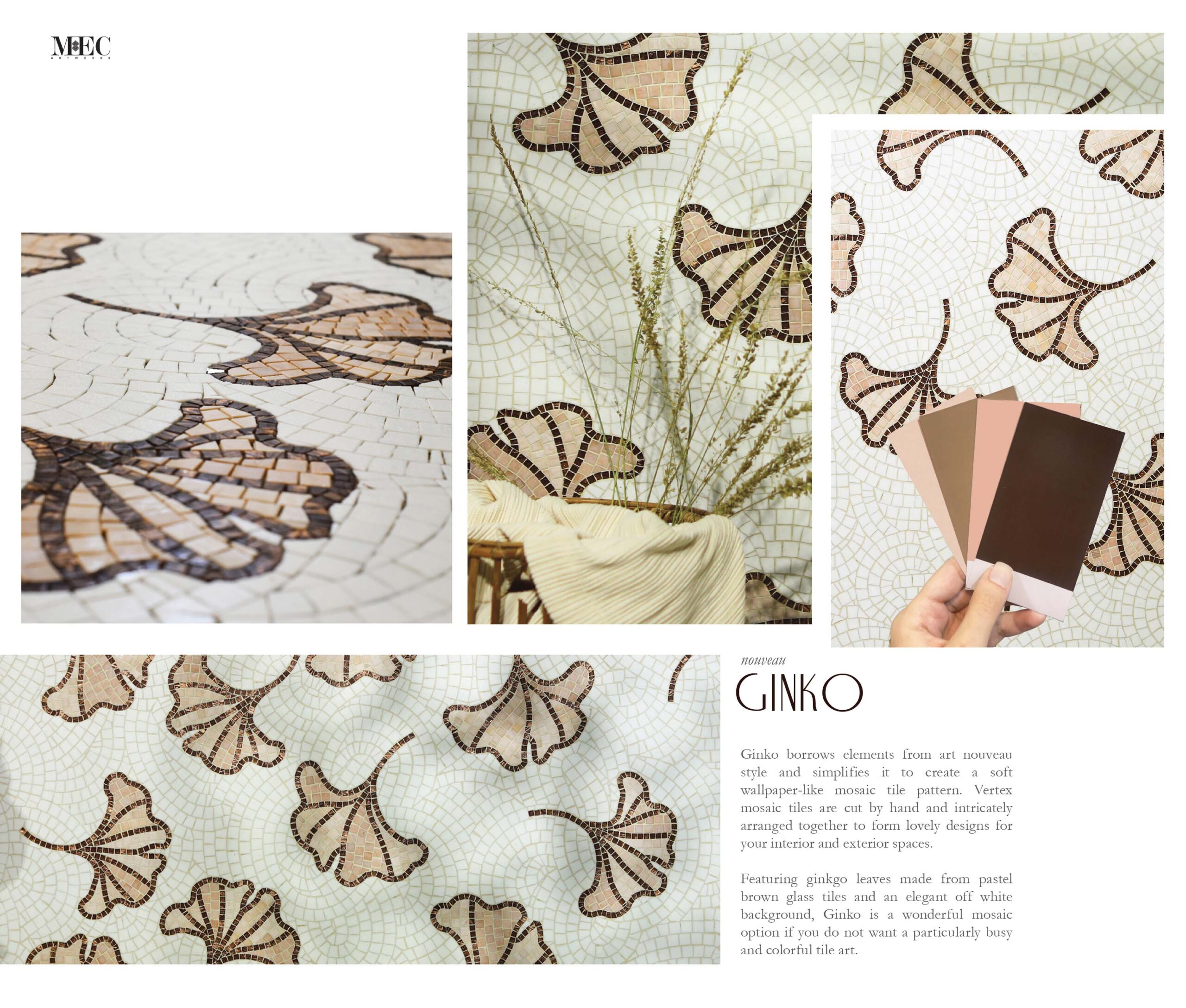 
A mood board featuring ginkgo leaf designs. The mosaic artwork of ginkgo leaves is complemented by an earthy color palette and a textured cloth.