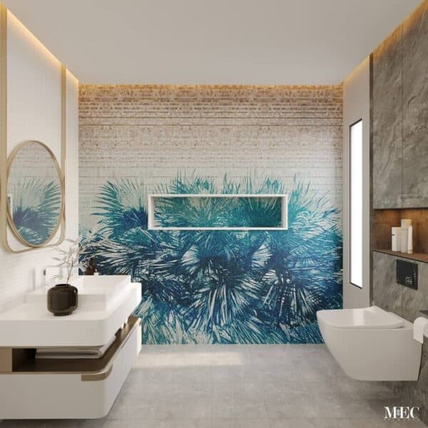 blue palm leaf wall mosaic art shown in a 3D rendered bathroom space