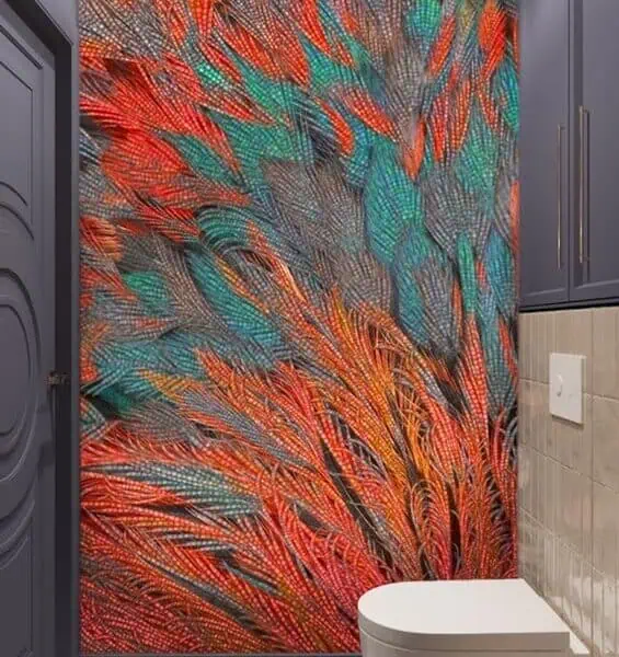 fiery orange and teal vibrant feather mosaic glass mosaic wall shown on a bathroom wall