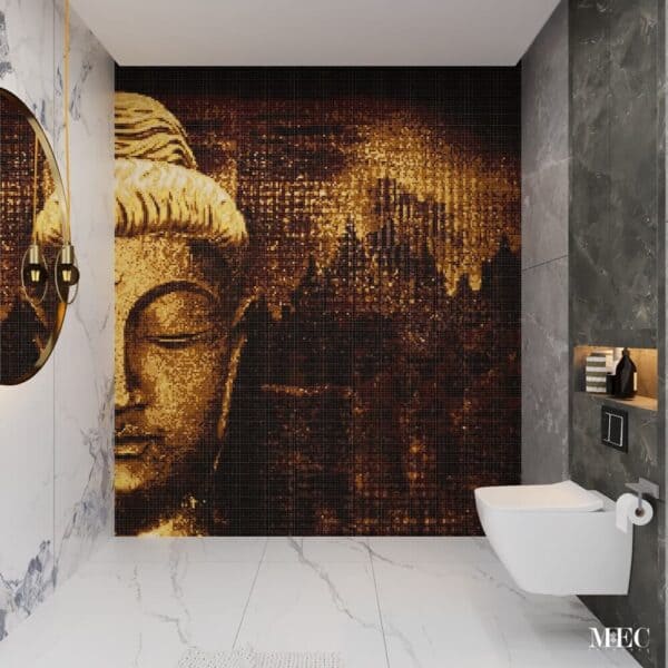 glass mosaic buddha wall tile art bathroom feature wall render partial face statue depiction