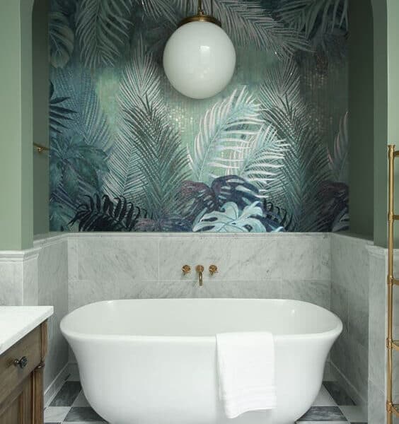 soft sage green monochrome jungle plants leaf monstera banana leaf glass mosaic bathroom mural