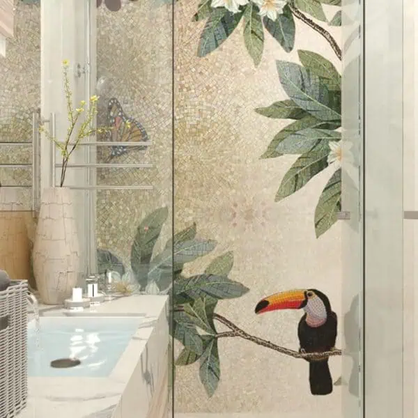 handcut tile art toucan monarch butterfly flower mosaic beige gradient background bathroom wall