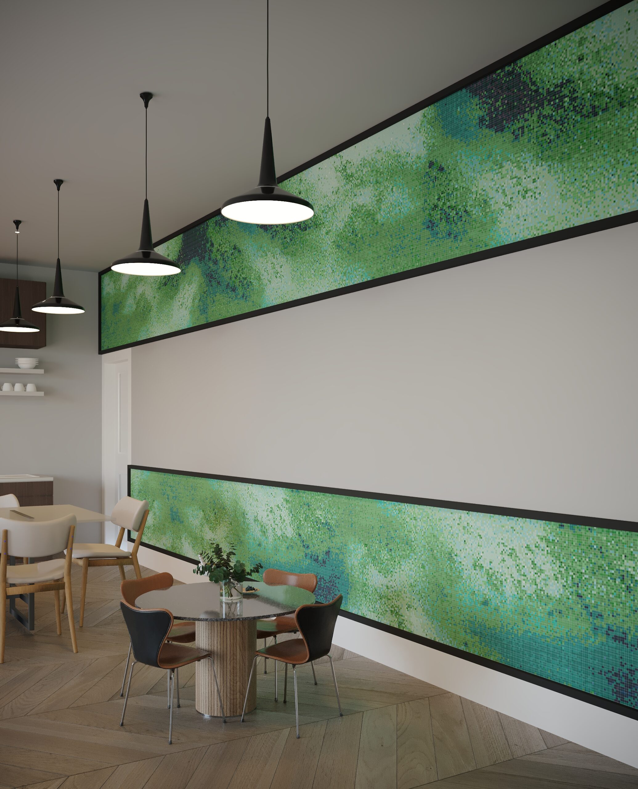 A modern dining area features three tables with chairs. The walls are adorned with vibrant green, mosaic art panels.