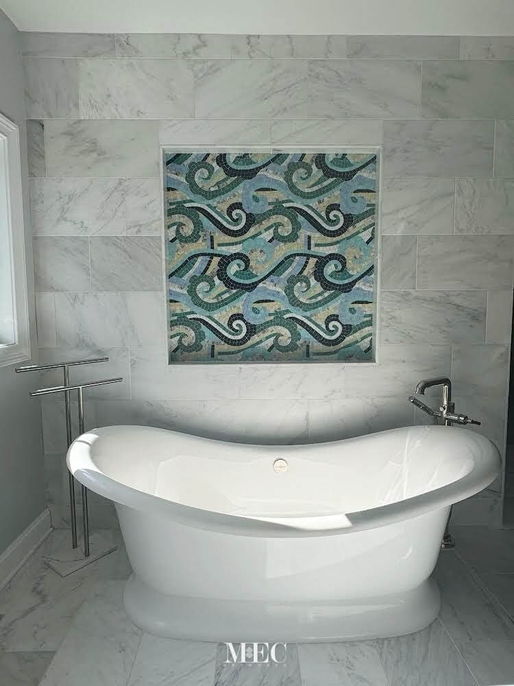 Osalli mosaic by MEC installed in a bathroom wall niche Virginia USA