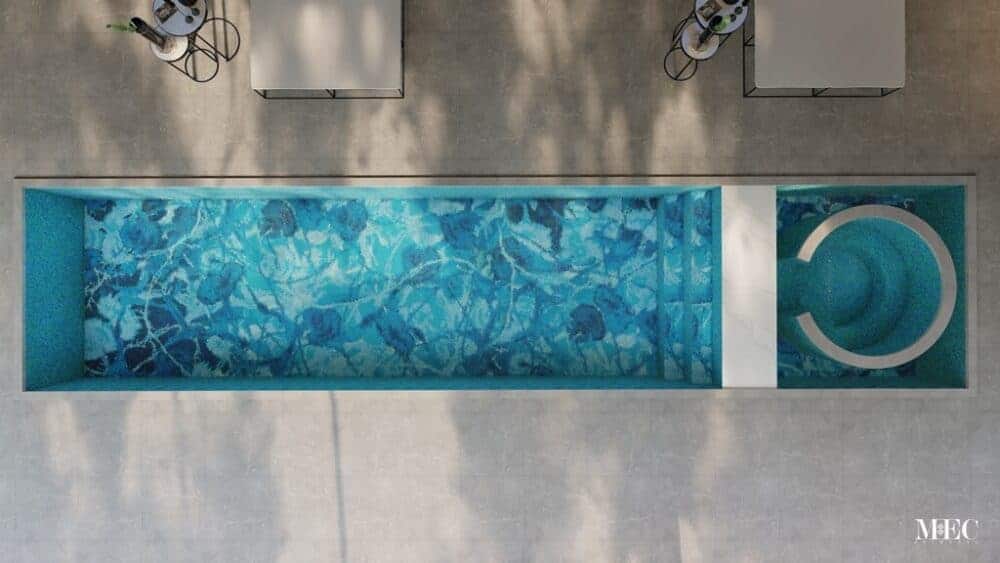 abstract swimming pool mosaic art by MEC top down 3D render hot tub