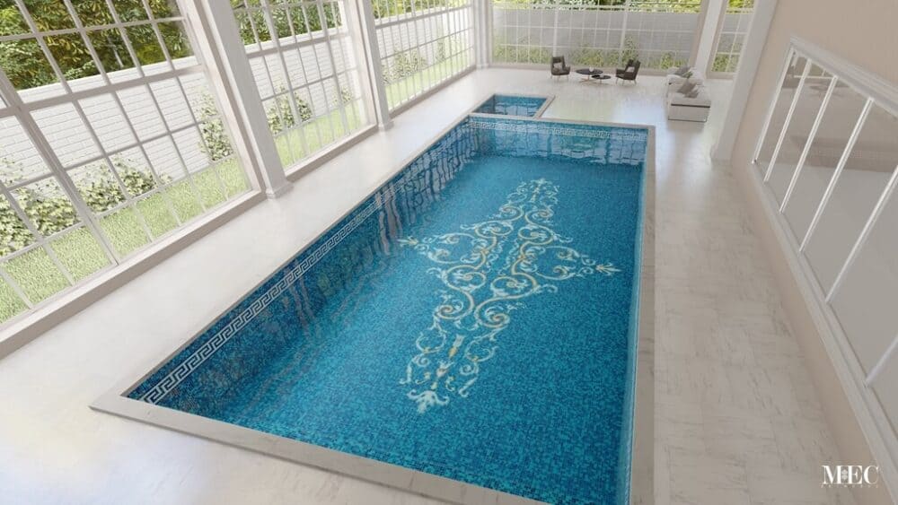 European motif ornate pool mosaic tile 3D render