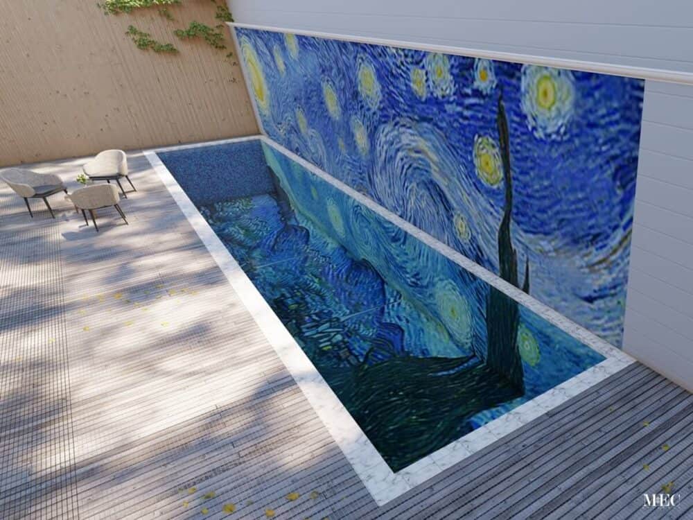 starry night mosaic pool tile art hand cut concept 3D render side view