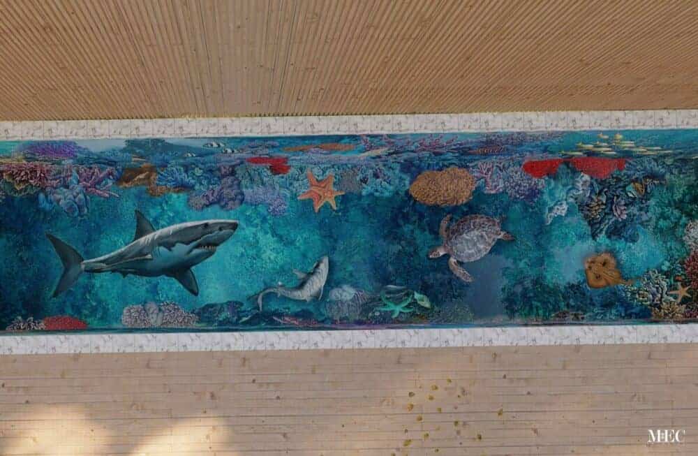 underwater mosaic scene sea life pool tile 3D render top down view close up