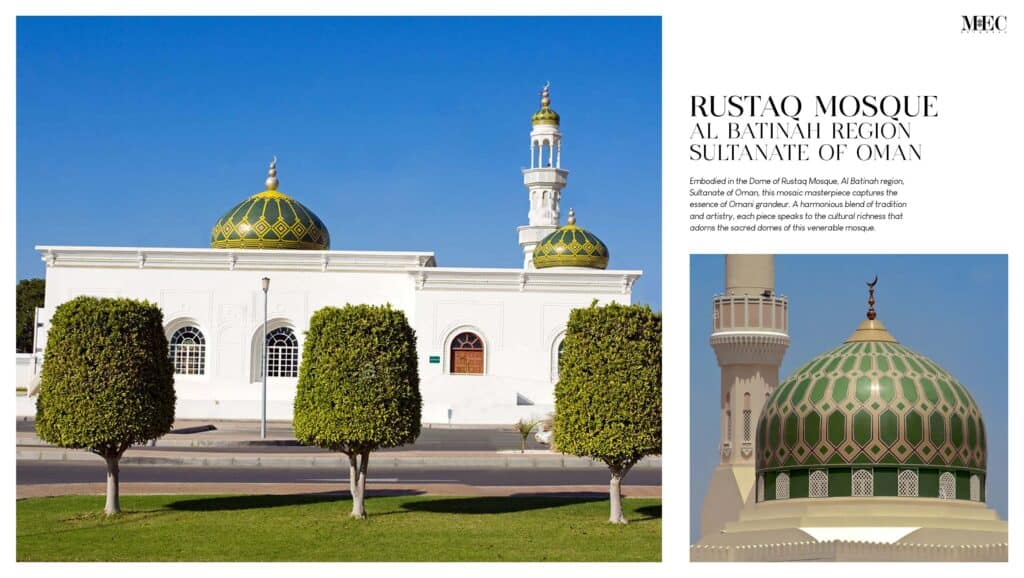 A magazine spread featuring a mosque with a green dome, adorned with intricate Islamic mosaic art.