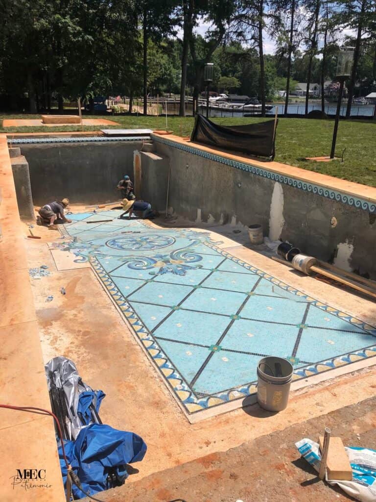 24k Gold Glass Tile Pool Mosaic installation at the site North Carolina residence