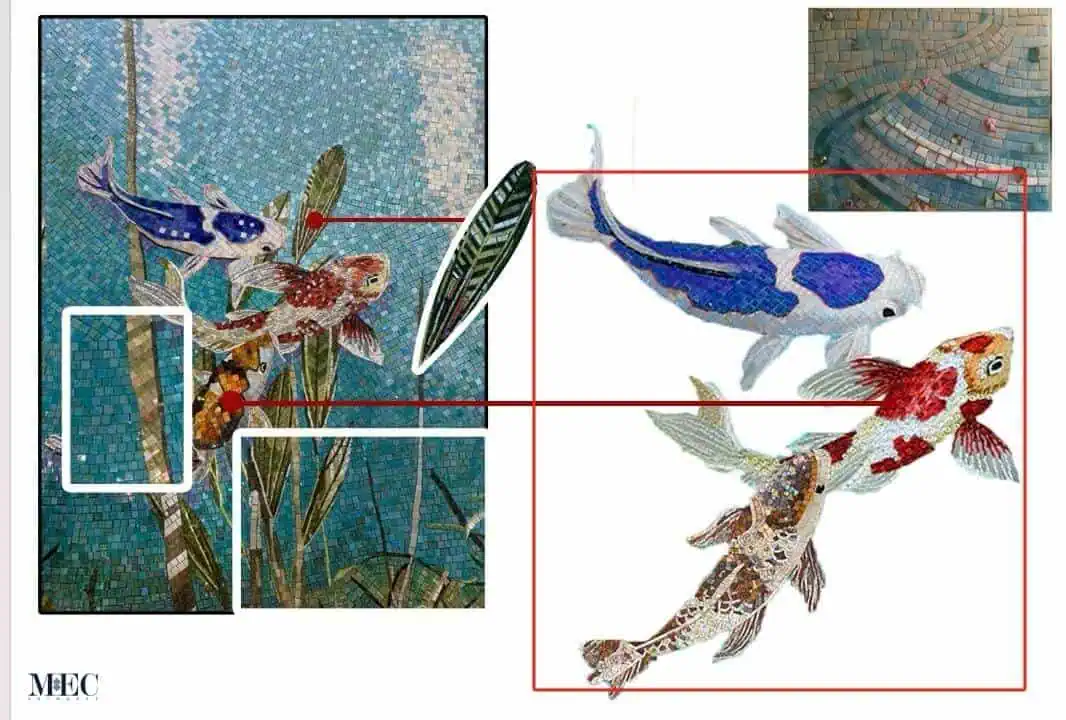 koi fish mosaic and aquatic plant color slight changes presentation