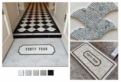 Typographic marble mosaic entrance floor plaque revised design