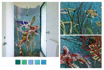 koi fish pond mosaic concept art moodboard