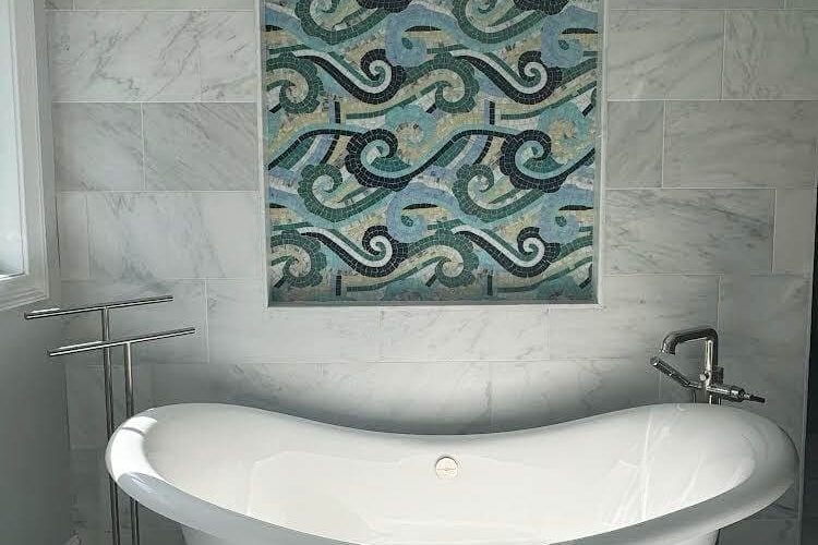 Osalli mosaic by MEC installed in a bathroom wall niche Virginia USA