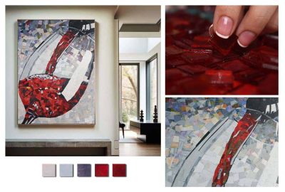 red wine broken tile effect glass mosaic jade close up of the completed artwork